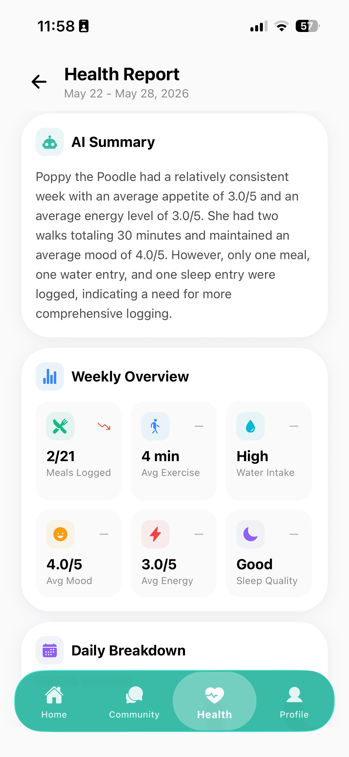 Health Report screen showing Poppy's AI Summary and Weekly Overview with meals, exercise, water, mood and sleep stats.