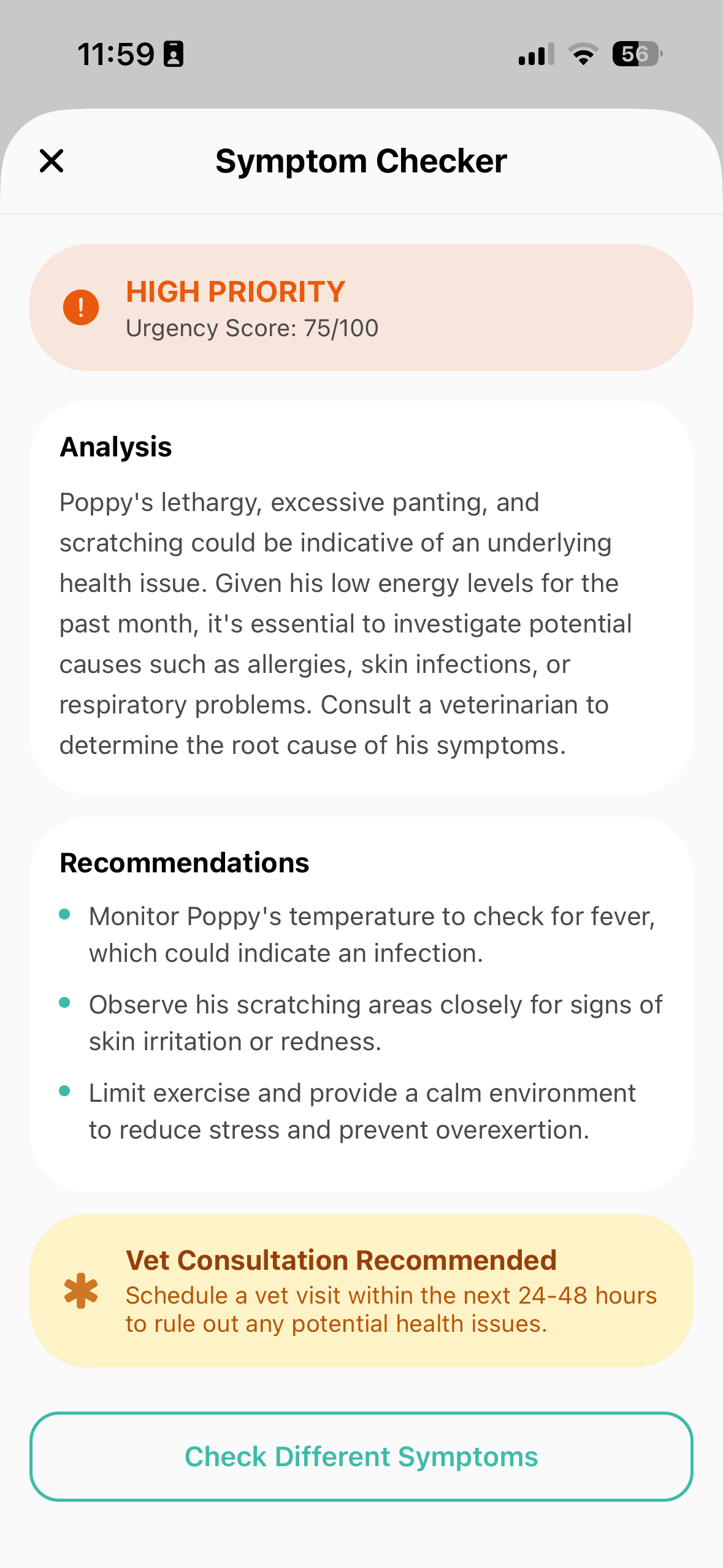 Symptom Checker screen showing a High Priority urgency score of 75/100 with analysis and recommendations.